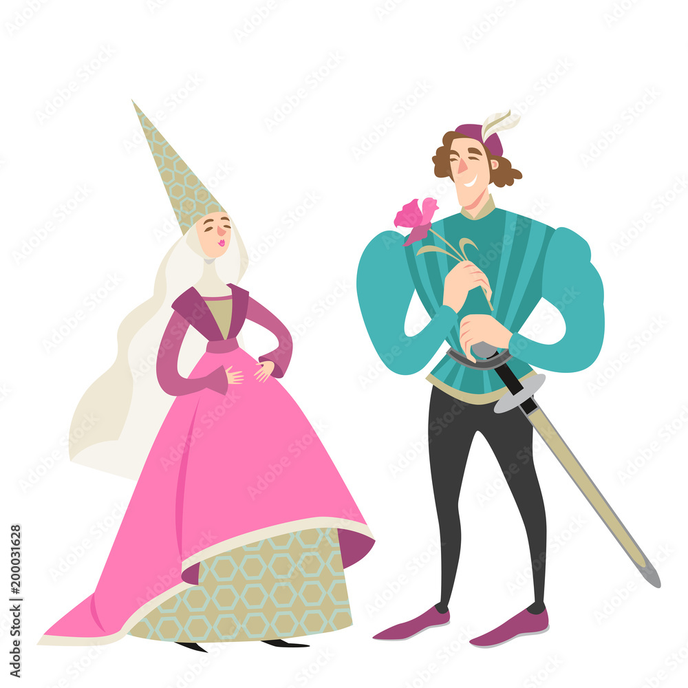 Princess and prince with a flower. Funny cartoon characters in historical  costumes. Middle Ages. A cute fairy couple on a white background Stock  Vector | Adobe Stock
