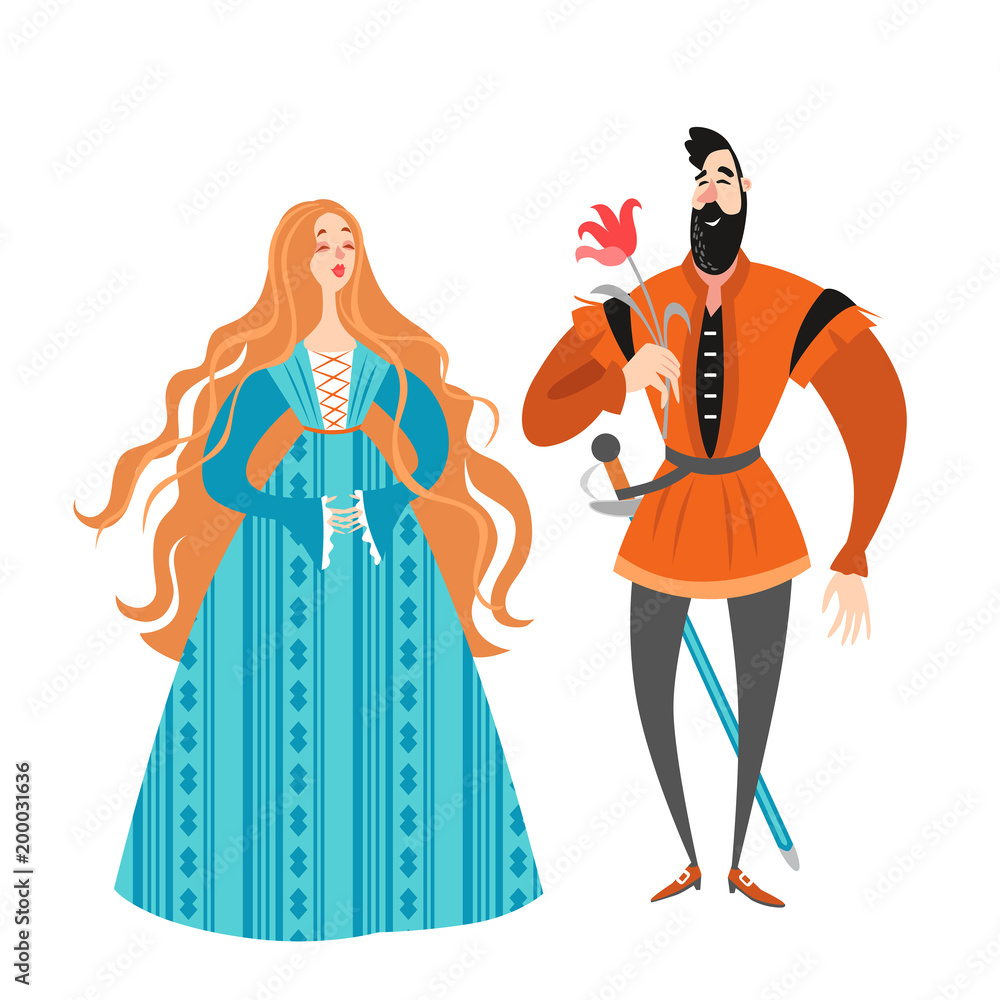 Princess and prince with a flower. Funny cartoon characters in historical costumes. A cute fairy couple on a white background