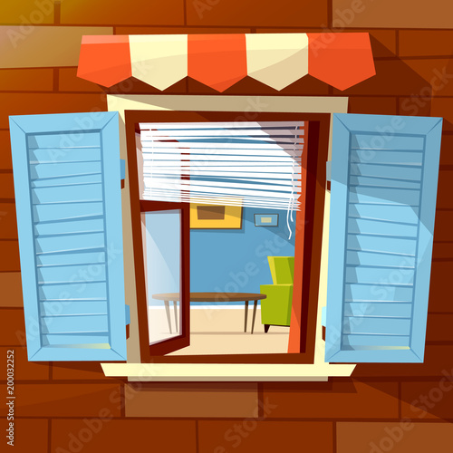 House facade open window vector illustration of window with open wooden shutters and room interior view inside. Flat cartoon design of old or modern window awning on brick wall background
