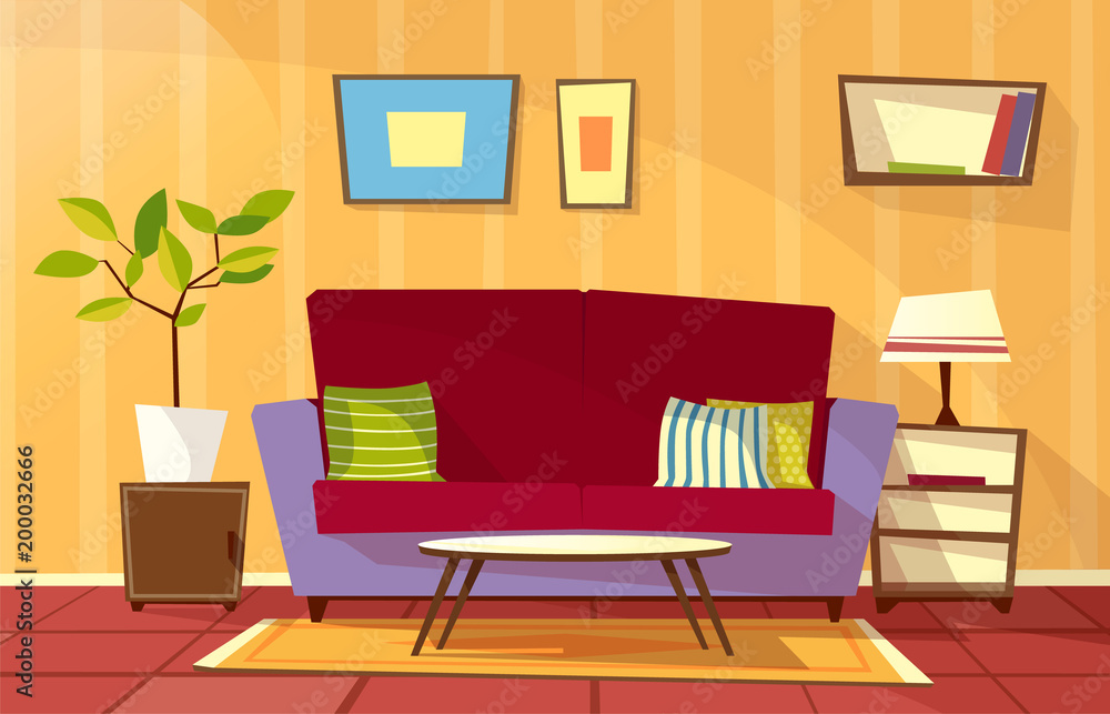 Vector cartoon living room interior background template. Cozy house  apartment concept. Illustration with sofa with pillow, bedside table with  lamp, bookshelf, carpet plant in pot and pictures at wall. Stock Vector |