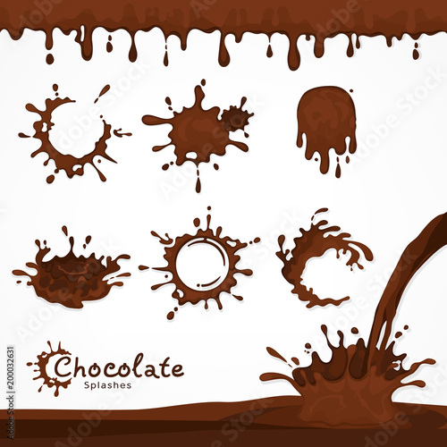 Set of dark chocolate blots and splash, dripping flows hot