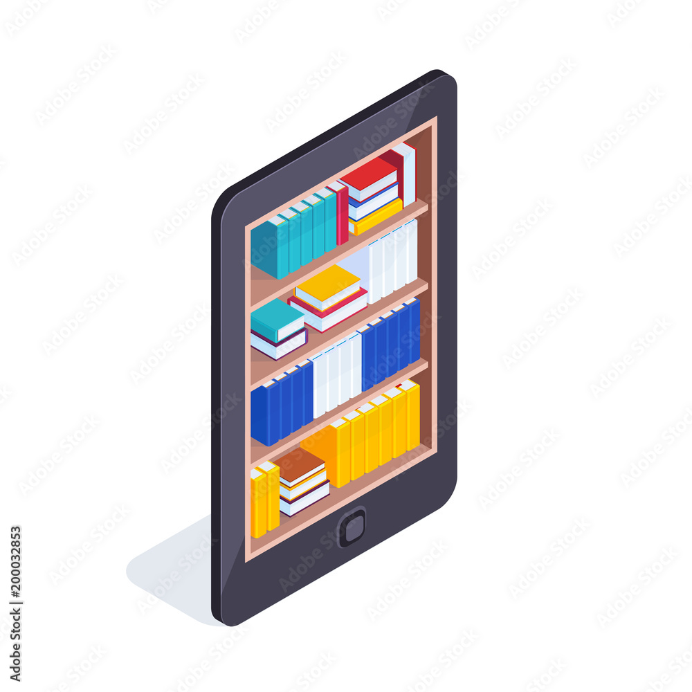 Isometric concept of electronic library. Isometric concept of electronic library.