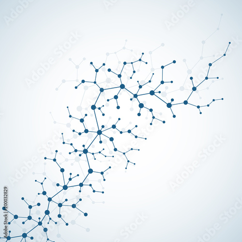 Molecular concept of neurons and nervous system. Scientific medical research. Molecule structure with particles. Science and technology background molecule for banner or flyer. Vector illustration.