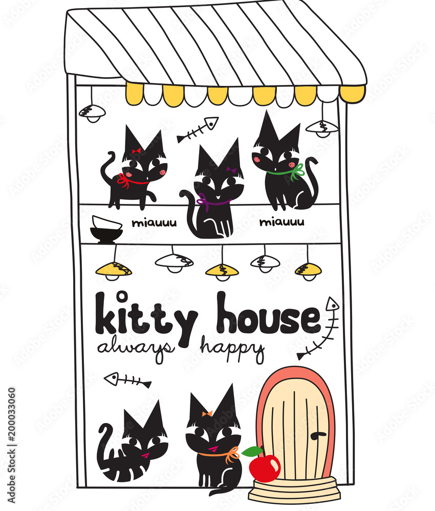 Naklejka ładny kotek dom doodle ilustracji