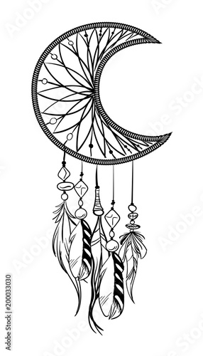 Vector illustration with hand drawn dream catcher. Feathers and beads.