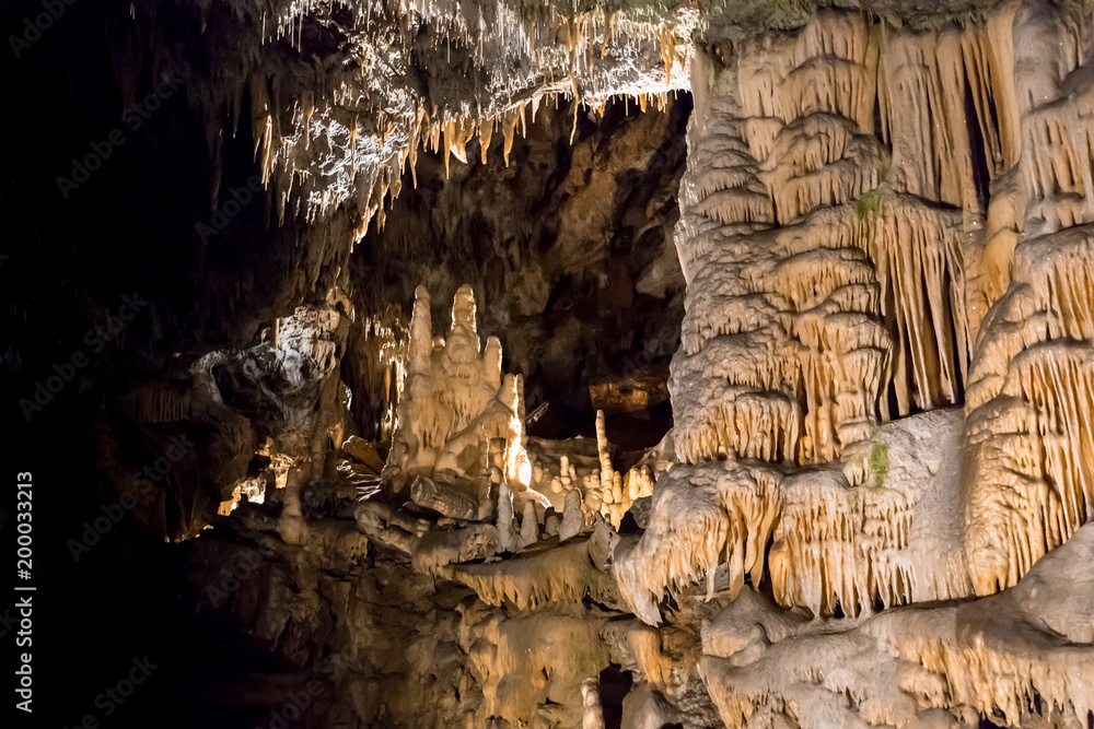 Postojna cave, Slovenia. Formations inside cave with stalactites and stalagmites
