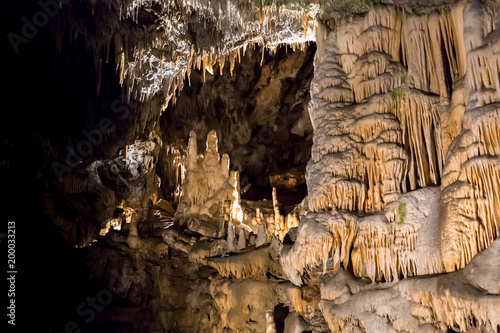 Postojna cave, Slovenia. Formations inside cave with stalactites and stalagmites