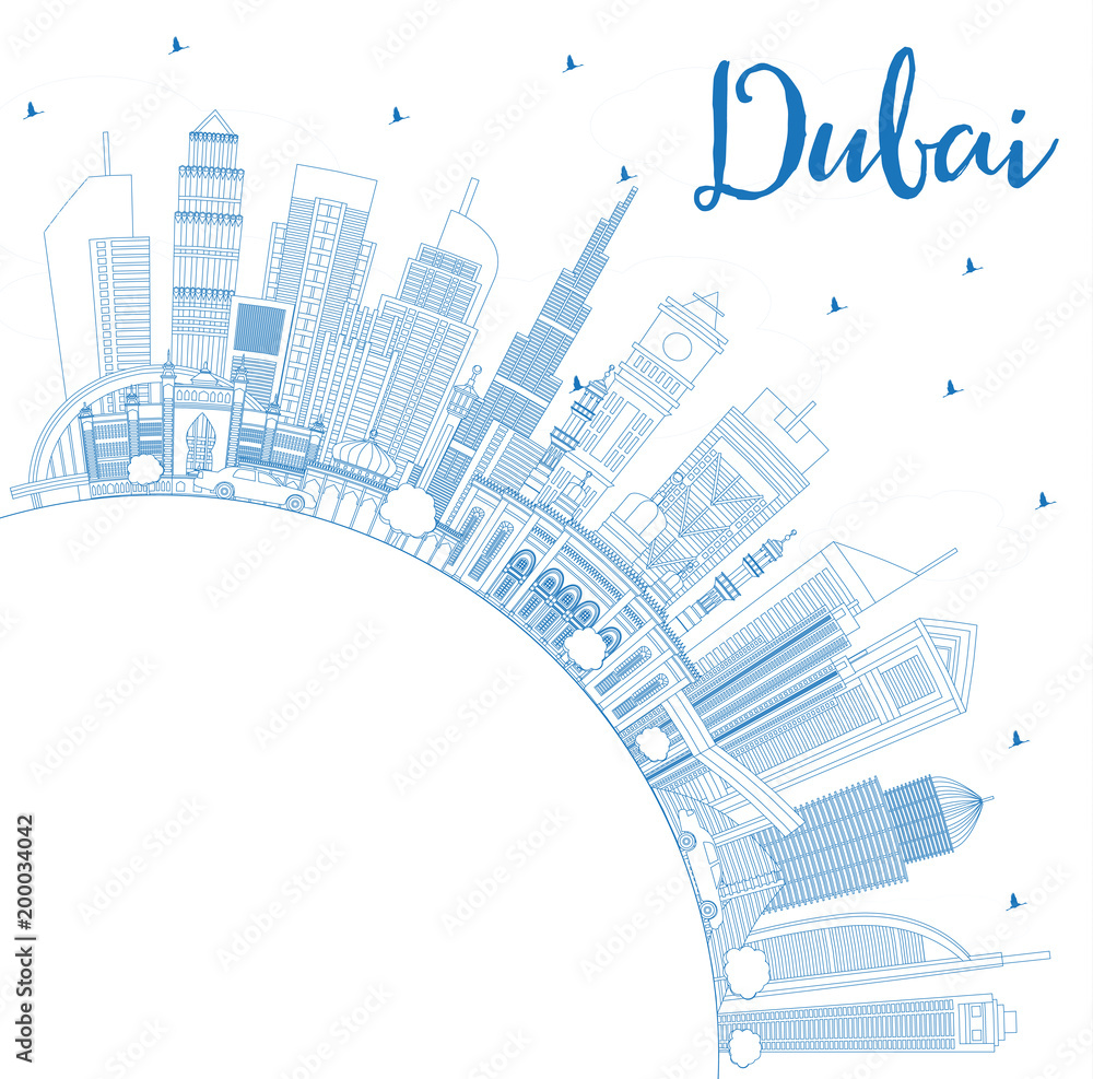 Outline Dubai UAE City Skyline with Blue Buildings and Copy Space.