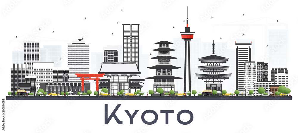 Naklejka premium Panoramę miasta Japonia Kioto z szarymi budynkami na białym tle