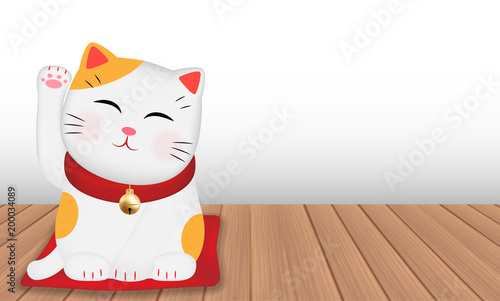japan maneki neko cat on wood floor