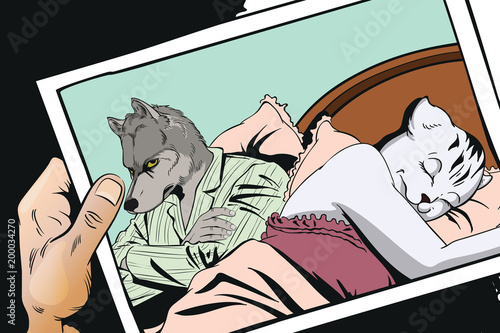 Man next to a sleeping woman. Pussycat and offended wolf. People in images of animals.