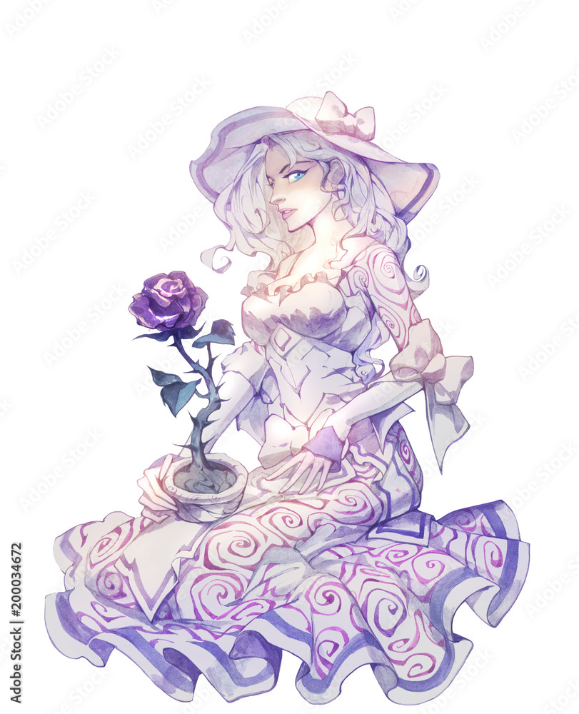 Obraz premium Hand drawn romantic illustration of a beautiful and elegant blond woman portrait with a purple rose in a pot