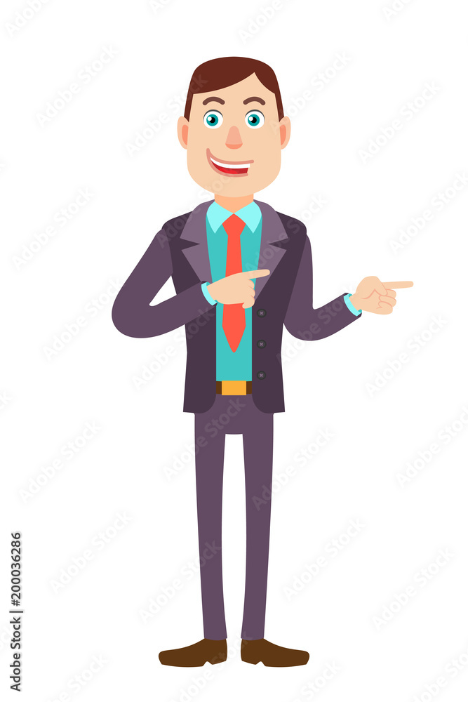 Businessman showing something beside of him Businessman showing something beside of him