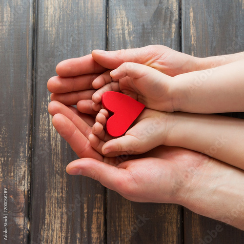 Two pairs of hands, men and children on a wooden background. Four hands are holding a red, bright heart.