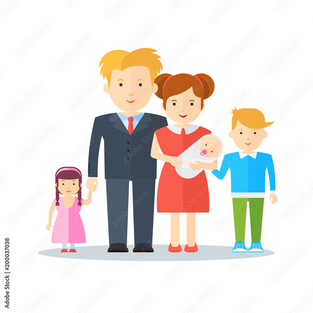 Big happy family with happy smiling people. Flat vector cartoon illustration. Objects isolated on a white background.