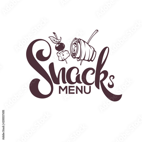 Canvas Print Snack Menu, Vector Image of Hand Drawn Appetizers and Lettering Composition For