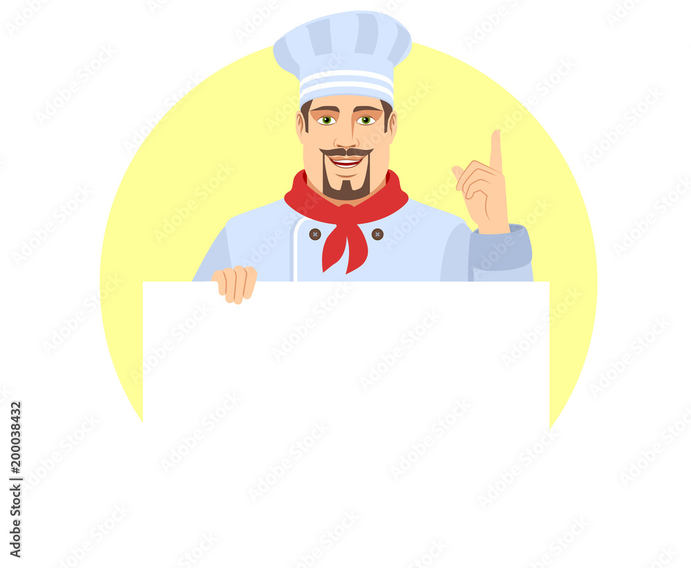 Chef holding white blank poste and pointing up Chef holding white blank poste and pointing up