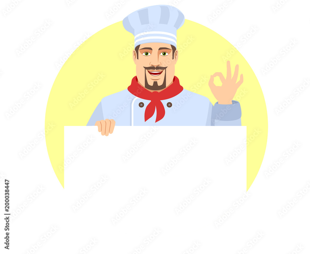 OK! Chef holding white blank poster showing a okay hand sign OK! Chef holding white blank poster showing a okay hand sign