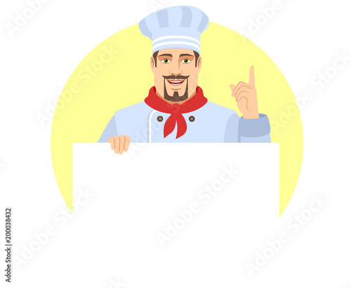 Chef holding white blank poste and pointing up