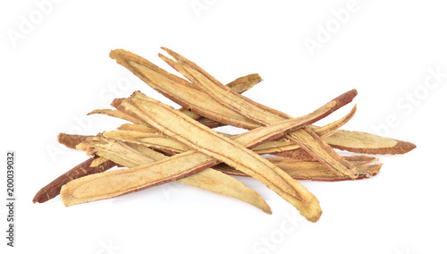 Slice Licorice roots on white background