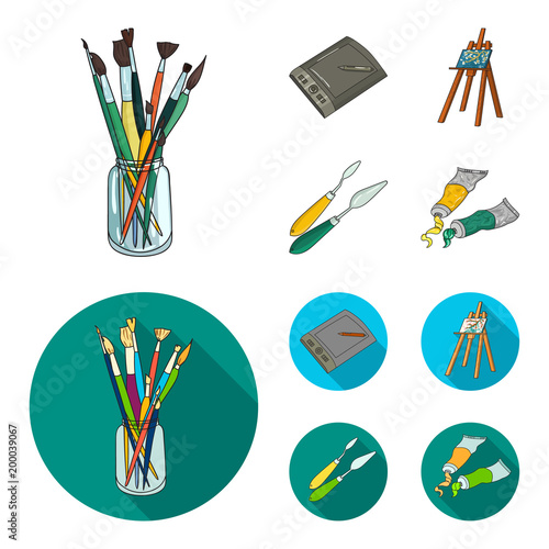 Bank with brushes, a drawing board, an easel with a canvas, paint knives.Artist and drawing set collection icons in cartoon,flat style vector symbol stock illustration web.