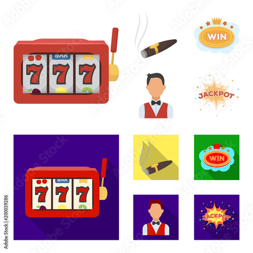 A gaming machine a one-armed bandit, a cigar with smoke, a five-star hotel sign, a dilettante in a vest. Casinos and gambling set collection icons in cartoon,flat style vector symbol stock