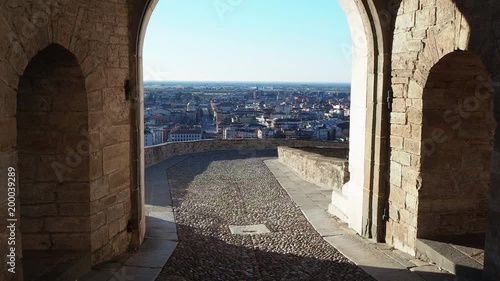 Bergamo, Italy. The old town. One of the beautiful city in Italy. Landscape on the old gate named San Giacomo door and the lower town