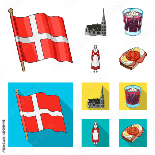 Flag, national, symbol, and other web icon in cartoon,flat style.Denmark,history, tourism, icons in set collection.