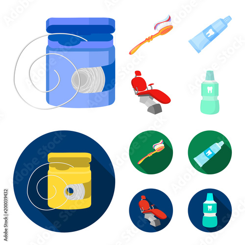 Dental floss, toothbrush, toothpaste, dental chair. Dental care set collection icons in cartoon,flat style vector symbol stock illustration web.
