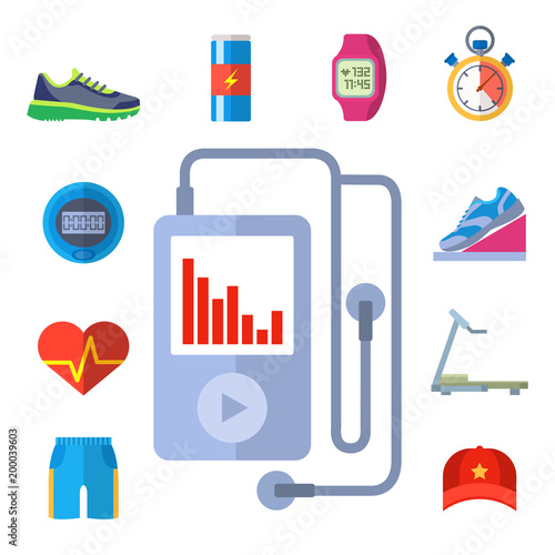 Fashion dressing run sport accessory icons vector sneaker activity footwear exercise workout.