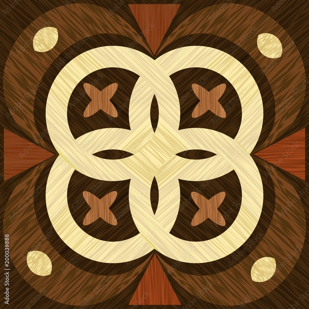 Geometric wooden inlay template, light and dark wood patterns. Wooden art decoration. Veneer