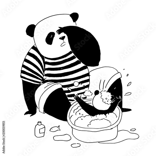 Father panda in black and white t-shirt bathes in the basin his little son panda, which is sprayed with foam