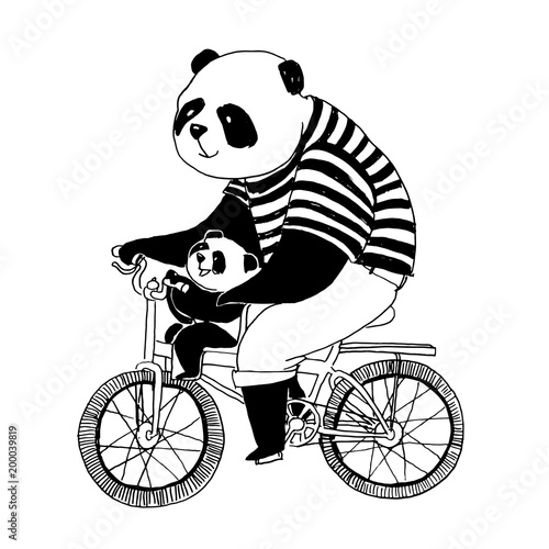 Pen black and white illustration for coloring book. Father panda in black and white t-shirt cycling by bicycle with his little son panda