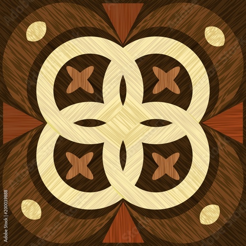 Geometric wooden inlay template, light and dark wood patterns. Wooden art decoration. Veneer textured geometric elements,