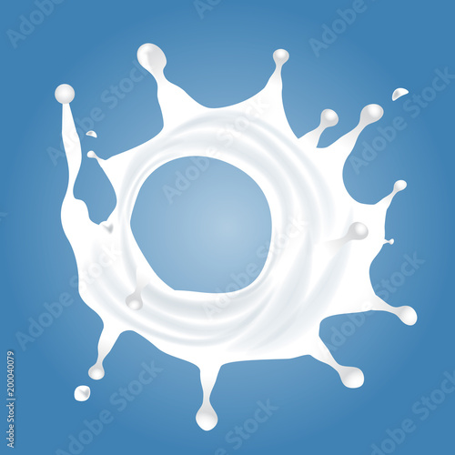 Milk splash from top view. Swirlpool effect milk splash with drops for your design. Illustrated vector.