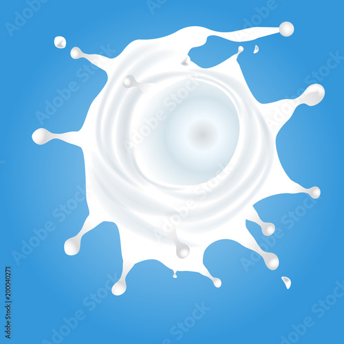 Milk splash from top view. Swirlpool effect milk splash with drops for your design. Illustrated vector.
