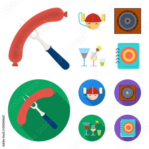 Fried sausage, beer helmet, cocktails, speaker.Pub set collection icons in cartoon,flat style vector symbol stock illustration web.