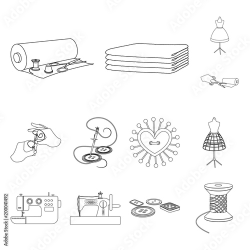 Atelier and equipment outline icons in set collection for design. Sewing of outer clothing vector symbol stock web illustration.