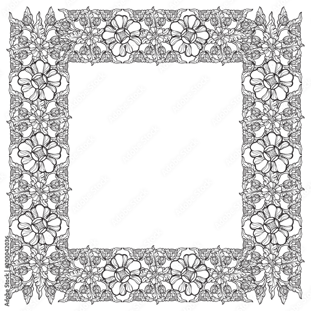 Lotus flowers arranged in intricate square frame. Popular decorative motif in South-Eastern Asia. Tattoo design. Linear drawing isolated on white background. EPS10 vector illustration