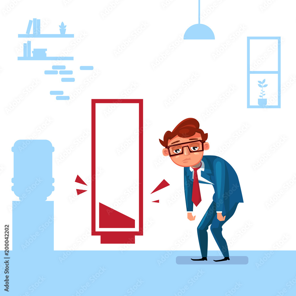 Tired Business Man Over Empty Red Battery Background Flat Vector Illustration Tired Business Man Over Empty Red Battery Background Flat Vector Illustration