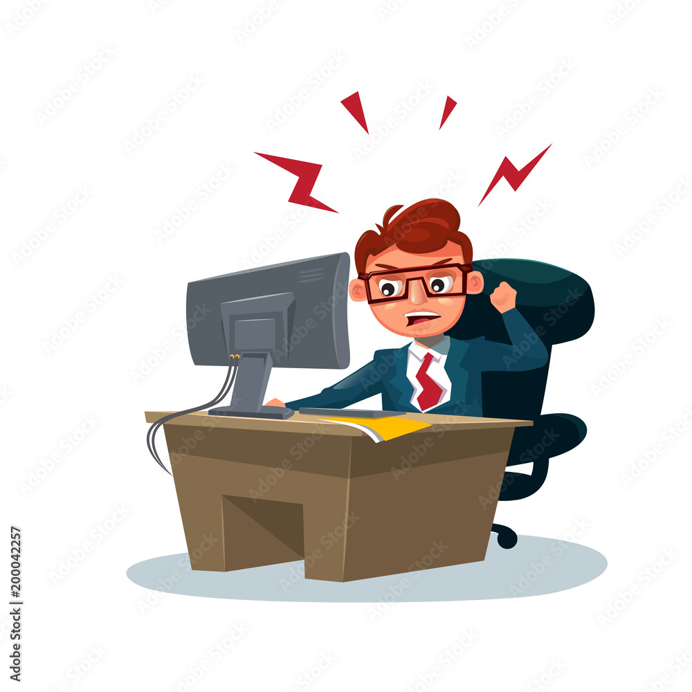 Angry Business Man Working On Computer Sit At Office Desk Over White Background Flat Vector Illustration Angry Business Man Working On Computer Sit At Office Desk Over White Background Flat Vector Illustration