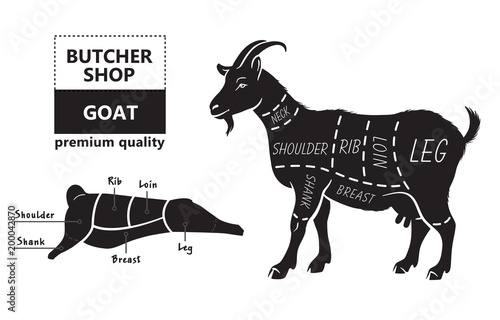 Vector illustration goat cuts diagram or chart. Goat black silhouette. Butcher chart.