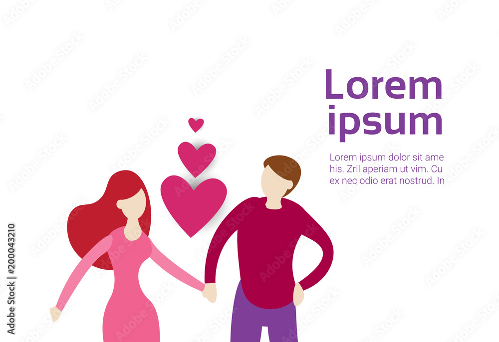 Couple Hold Hands Over Pink Heart Shape On White Background With Copy Space Valentine Day Banner Flat Vector Illustration Couple Hold Hands Over Pink Heart Shape On White Background With Copy Space Valentine Day Banner Flat Vector Illustration