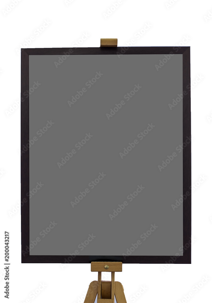 Wooden stand and black photo frame on white background Wooden stand and black photo frame on white background