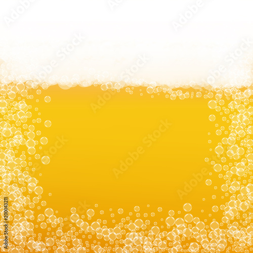 Beer background with realistic bubbles. Cool liquid drink for pub and bar menu design, banners and flyers. Yellow square beer background with white frothy foam. Cold glass of ale for brewery design.
