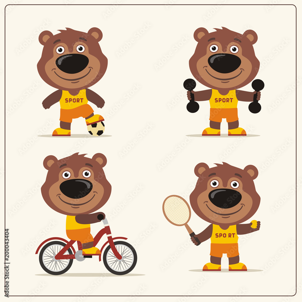 Obraz premium Set of funny teddy bear is engaged in sports. Collection of cartoon teddy bear of the sportsman: football player, with dumbbells, bicyclist, tennis player.