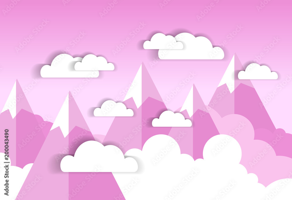 Fototapeta premium White Clouds Over Pink Sky And Silhouette Mountains Background Flat Vector Illustration
