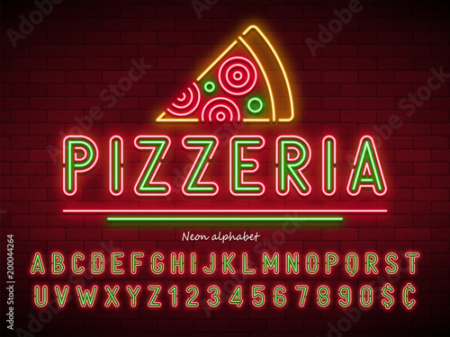 Pizzeria neon light alphabet, extra glowing font