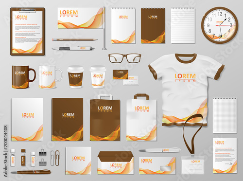 Corporate Branding identity template design. Modern Stationery mockup for shop with modern orange color. Business style stationery and documentation. Vector illustration