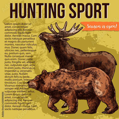 Hunting poster of wild forest animal, bird sketch